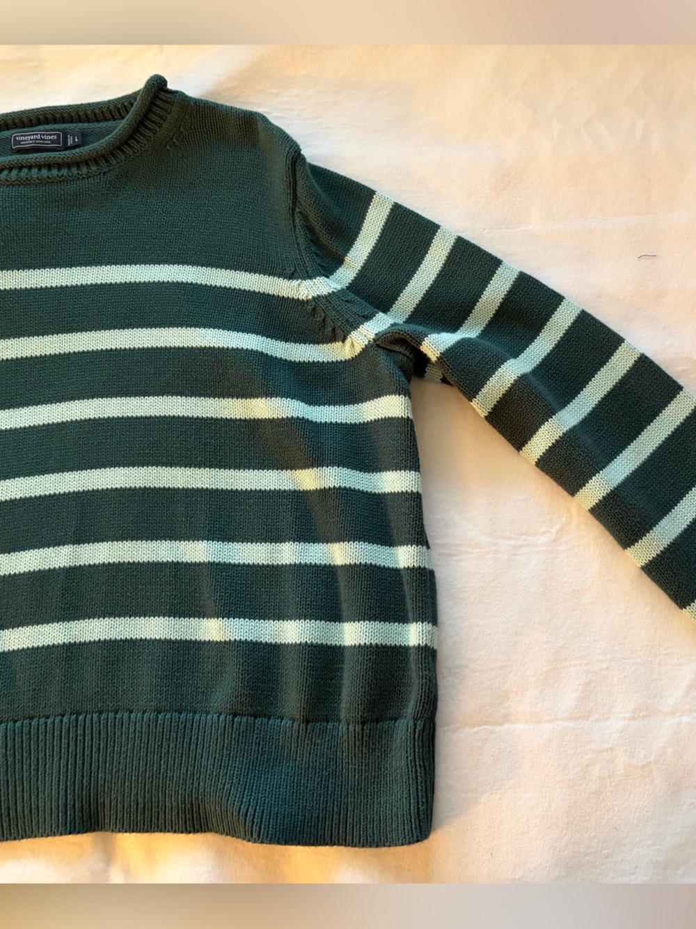 Like New Vineyard Vines, Size Large, Dark Green & Mint Striped Crewneck Sweater - Picture 7 of 9